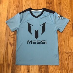 Youth Light Blue Classic Logo Messi Athletic V-Neck Shirt Size L (10-12) EUC